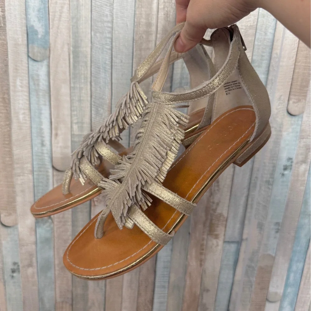 Anthropologie Gold‎ Metallic Leather Fringe Gladiator Sandals Western Boho 8.5